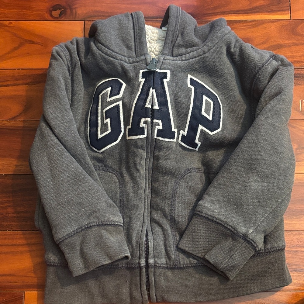 GAP Kids Charcoal Gray Fleece Zip Hoodie with Navy Logo